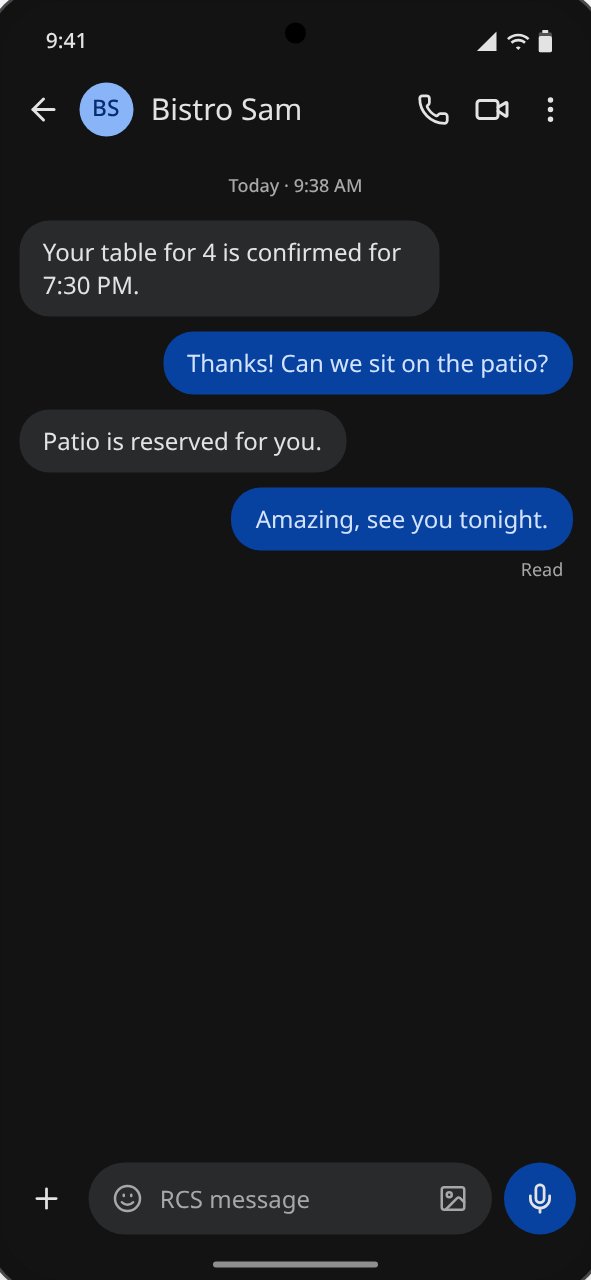 Android dark-mode screenshot of a reservation confirmation from Bistro Sam