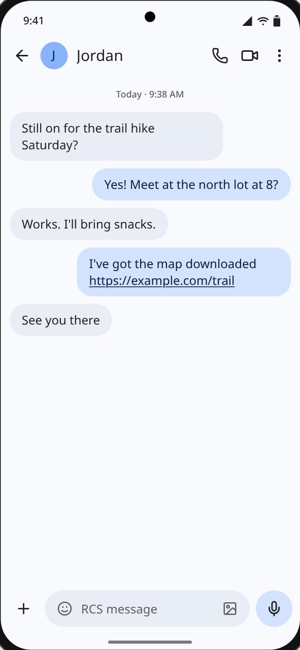 Android light-mode screenshot of a chat with Jordan planning a Saturday hike