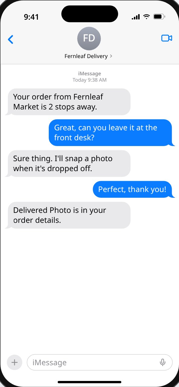 iPhone light-mode mockup: a courier texting that a Fernleaf Market order was delivered